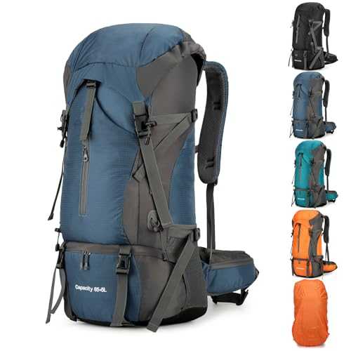 Jianyana 70L Large Hiking Backpack, Waterproof Camping Rucksack Multifunctional Climbing With Rain Cover for Men Women（Blue）