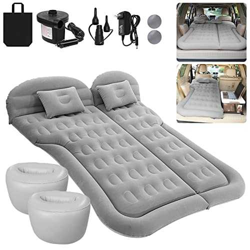 SUV Air Mattress Car Camping Travel Bed, Thickened Inflatable Mattress with Two Air Pillow and Car Air Pump, Flocking & PVC Surface, Camping Sleeping Pad (Grey)