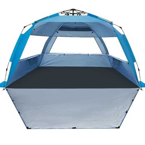 WhiteFang Deluxe XL Pop Up Beach Tent Sun Shade Shelter for 3-4 Person, UV Protection, Extendable Floor with 3 Ventilating Windows Plus Carrying Bag, Stakes, and Guy Lines
