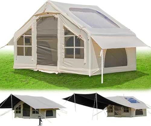 Inflatable Tent with Vinyl Sunshade, 2/4/6 Person Inflatable tents for Camping, Air House Tent Includes Air Pump Skylight, Easy Setup Large Blow Up Tents, Glamping Tents with Vestibule