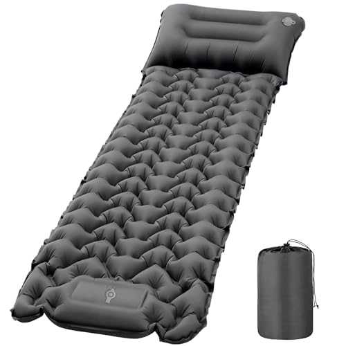 Sleeping Pad, 50D Ultralight Camping Mat with Pillow Built-in Foot Pump Sleeping Mat Waterproof Portable and Compact Camping Mattress for Backpacking Hiking Traveling Tent Air Mattress (Grey)