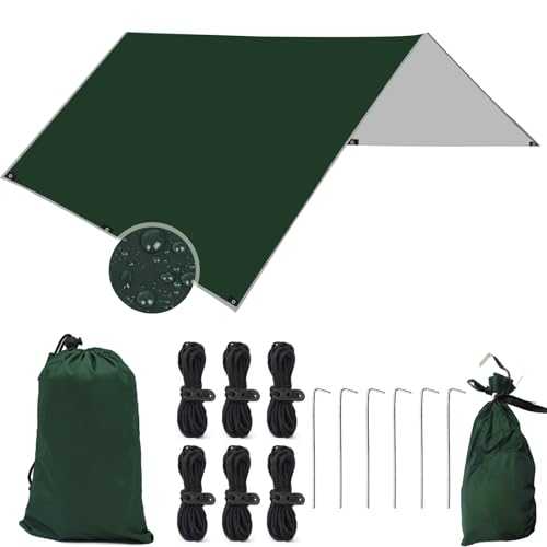 ZOUFRIDN Camping Tent Tarp Shelter, 3 x 3m Hammock Tarpaulin Waterproof Ground Sheets Portable Tarpaulin Shelter Anti-UV Sunshade for Outdoor, Travel, Camping Picnic Hiking Adventure(Dark Green)