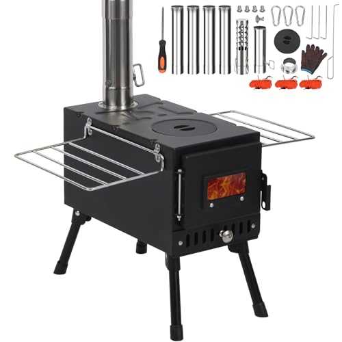 REDCAMP Hot Tent Stove Wood Burner, Portable Wood Burning Stove with Windproof Chimneys Gloves Tent Ropes, Camping Wood Stove for Tent Shelter Outdoor Cooking Heating, Black