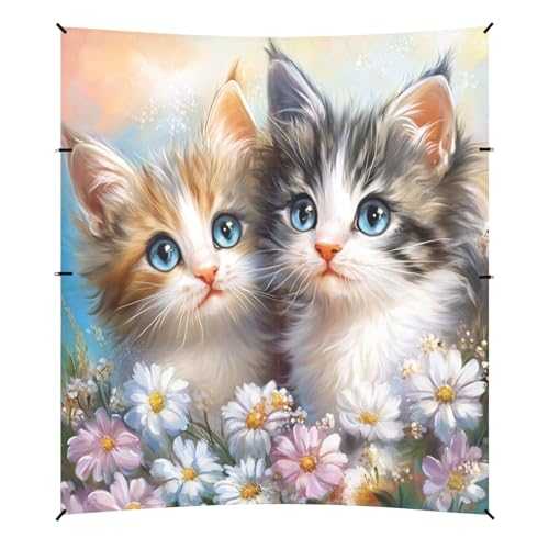 Camping Sun Shelters Two Cute Cats in Flowers Beach Canopy 126 * 110.2in