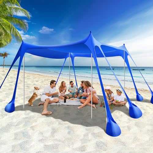 Rhino Valley Beach Tent Sun Shelter, Beach Canopy Tent Sun Shade UPF50+ Protection with 8 Sandbags 4 Stability Poles, Outdoor Beach Shade Canopy for Beach, Camping, Fishing, Indigo