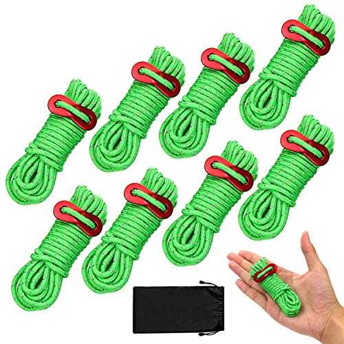 8 Pack Reflective Tent Guy Ropes, Light-Weight Tent Guide Lines Cord with Aluminum Tensioners Adjuster, 13 Feet Green Guy Rope Ideal for Outdoor Camping Hiking Awning Tents