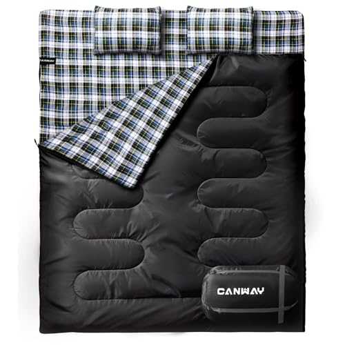 CANWAY Double Sleeping Bag for Adults with Pillow, XL Queen Size Sleeping Bags for 3-4 Seasons, Camping Sleeping Bag with Compression Sack for backpacking, Hiking