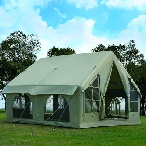 KNUO Inflatable Tent for Camping 4-8 People Large Blow Up Air Tents House, No Assembly Needed Luxury Glamping Tent, 10x10ft Waterproof Oxford, Field Green