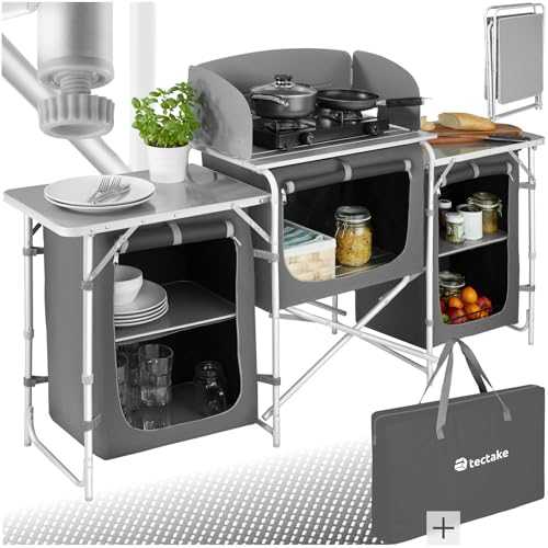 TecTake® Portable Camping Kitchen - 5 Internal Shelves, Heat-Resistant Worktop, Wind Barrier & Zipped Doors - Outdoor Storage Cupboard - Compact, Lightweight & Includes Carry Bag - Grey