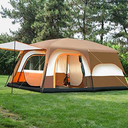 TXTC 8-12 Person Large Tent Double Layer Camping Tent,2 Bedroom+1 Living Room+1 Hall, Festival Essential Family Tent Waterproof Sun Shade,Large Mesh Windows (Color : Brown)