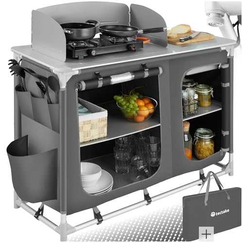tectake® Portable Camping Kitchen - 4 Internal Shelves, 3 External Pockets, Heat-Resistant Worktop, & Zipped Door - Kitchen & Outdoor Storage Cabinet - Compact, Lightweight & Includes Carry Bag - Grey