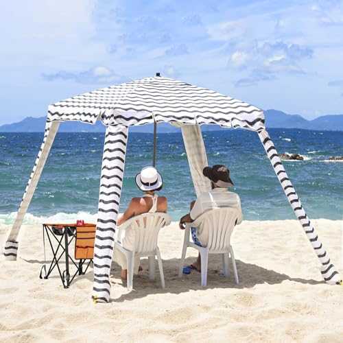 Beach Cabana with Foldable Camping Table - UPF 100+ UV Protection Beach Tent, Easy to Set Up 6' x 6' Canopy with Attachable Wall, Waterproof Fabric, Portable Shelter for Family & Friends (Black Wave)