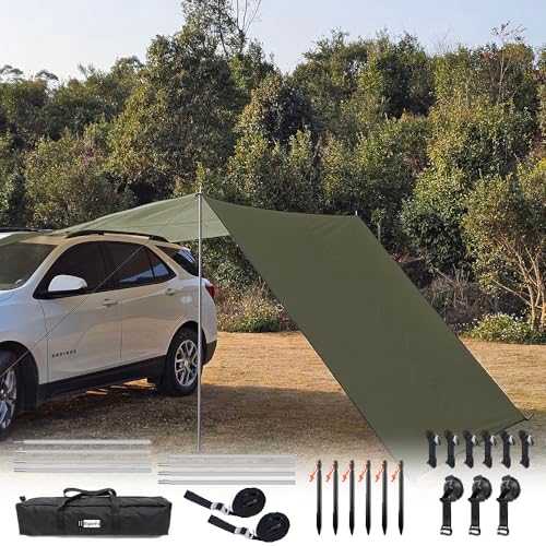 HipierFx Car Awning with Pole 3m x 5m SUV Sun Shelter Outdoor Camping Tarp Waterproof Canopy Shade Hammock Tarp