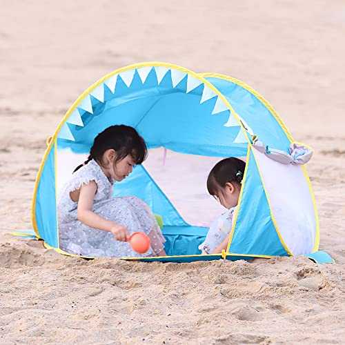 Free Swimming Baby Pop Up Baby Beach Tent with Pool,Portable Shark Sun Shelter Tent with UPF UV 50+ Protection for Toddler Aged 3-72 Months (Blue)