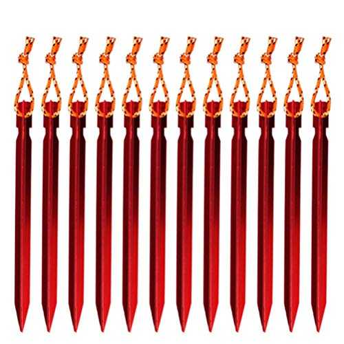 WIFUN 12 Pieces Tent Pegs, Y-shaped Aluminium Alloy Red Campingtent Stake Nail with Reflective Rope for Camping