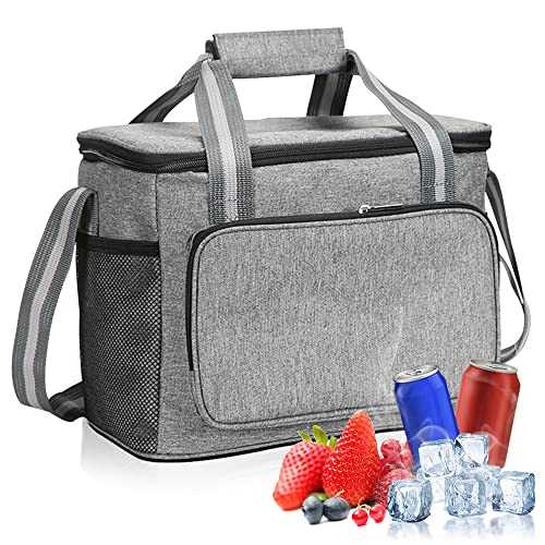 Aoreun 15L Cooler Bag, Large Thermal Insulated Picnic Family Lunch Bag Box Soft-Sided Cooling Bag for Work, Camping, School, Beach Grey