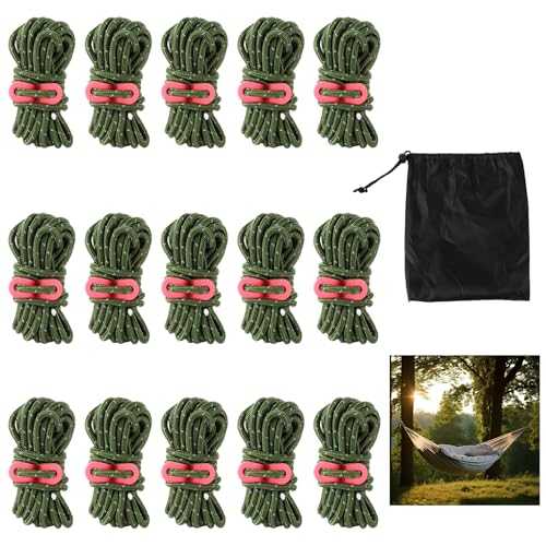 Oungy 15PCS 5mm Tent Guy Ropes, 4m/13ft Reflective Tent Cord Windproof, Luminous Guy Line Nylon Rope with Aluminum Adjuster for Camping, Hiking, Awning, Tarp Tents, Backpacking (Army Green)