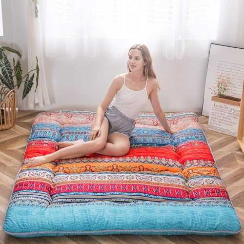 Japanese Style Printed Thick Floor Sleeping Mat Portable Foldable Futon Mattress for Adults Roll Up Camping Mattress Floor Recliner Bed Sofa Country Chic Design