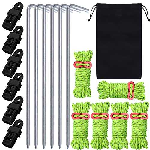 Reflective Tent Guy Line, 6 Sets Guy Ropes Tent Fixing Nails Tarp Clamp Clips, 4m Tent Cord Guy Line with Aluminum Tensioners Adjuster for Outdoor Camping Hiking Awning Tents