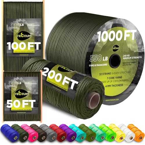 TECEUM Paracord Type III 550 Army Green – 30 m – 4mm – Tactical Rope MIL-SPEC – Outdoor Para Cord – Camping Hiking Fishing Gear and Equipment – EDC Parachute Cord – Strong Survival Rope (100ft) 010