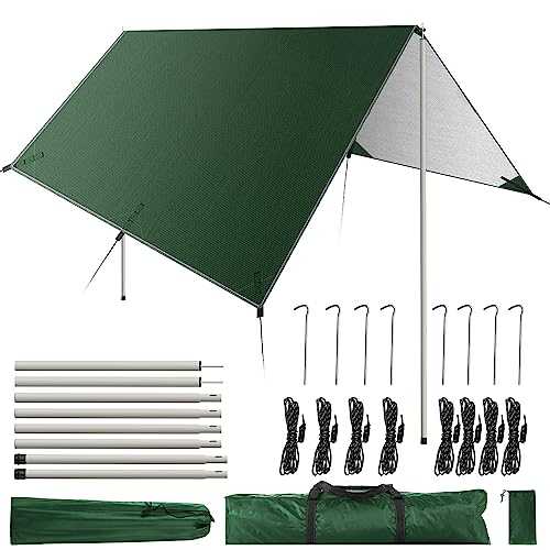 GEEDIAR Camping Tarp with Poles - Hammock Rain Fly Tent Tarp with Poles 300 x 400 cm - Waterproof Camping Sun Shelter for Outdoor, Travel, Sunshade, Rain, Hammock (Dark Green)