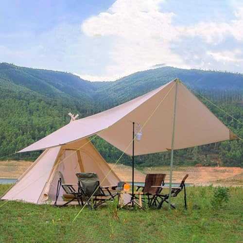 Waterproof Cotton Teepee Tent 3-4 People Camping Pyramid Canopy Portable Tent Outdoor Indian A-Tower Tarp Shelter with Stove Jack Hole And Door Sunshade Awning,With Awning