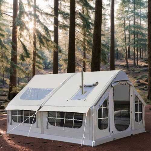 Inflatable Camping Tent with Pump, 6-8 Person Blow Up Tent with Stove Jack, 4 Season Waterproof Windproof Large Air Tent with Dual Windows, Easy Setup Outdoor Oxford Cabin Tent