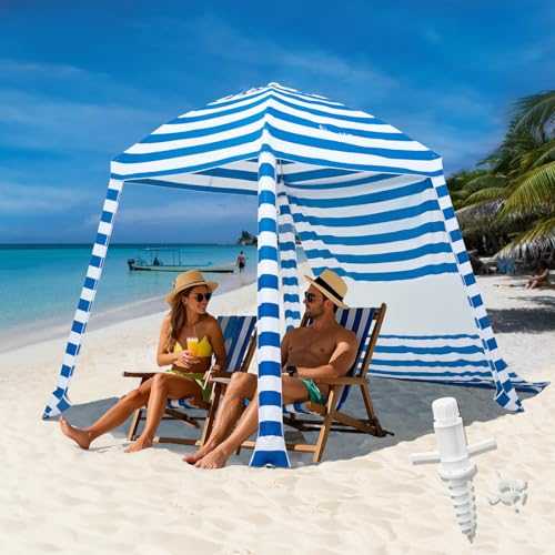 Grandekor Upgraded 6'×6' Pop Up Beach Canopy Tent for Family & Kids UPF 50+ Sun Shelter for Pool Camping with Sand Anchor Sidewall Dark Blue White Stripe