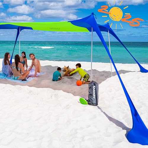 KAZZARY Beach Tent, UPF50+ 10x10 ft Sun Shade Canopy with Sandbags, 4 Stability Poles, Ground Pegs, Flying Disc Sand Shovel. Lightweight Sunshade Shelter, 7ft Tall for Camping Outdoor Trips and Sports