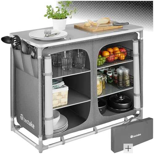 TecTake® Portable Camping Cupboard- 6 Internal Shelves, 3 External Pockets, Worktop, & Zipped Door - Kitchen & Outdoor Storage Cabinet - Compact, Lightweight & Includes Carry Bag - Grey