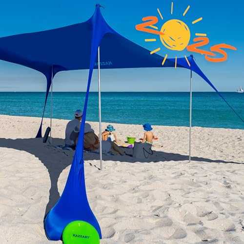 KAZZARY Tent - Beach Portable Lightweight Sun Shade UPF+50 UV Protection - Water Resistant, Windproof - 4 Tall Aluminum Poles Flexible & Compact Family Canopy