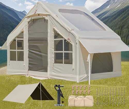 DanCoom Inflatable Tent with Porch, 4/6 Person Family Cabin Tents for Camping, Big Air House Tent Includes Rainfly, Easy Setup Large Blow Up Tents, Glamping Tents Large Vestibule