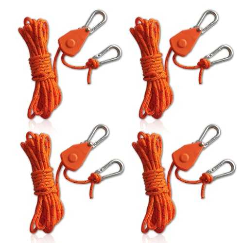 4 PCS Reflective Tent Guy Ropes, 1/8 Inch Tent Guide Rope Tensioners with Pulley 4mm Outdoor Camping Rope Cord Heavy Duty Ratchet Ropes with Aluminum Adjuster (Orange)