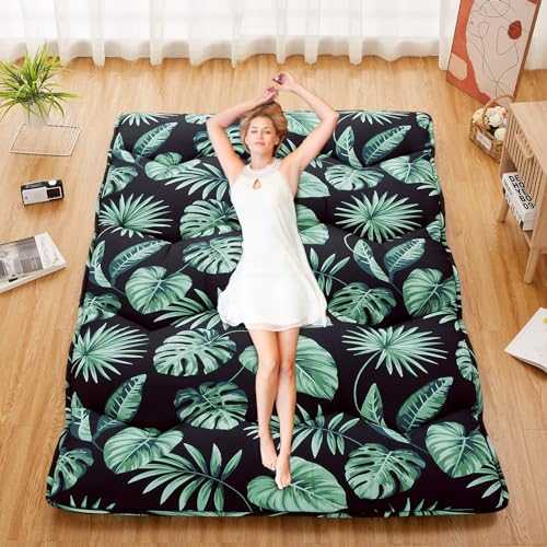 LULUWAY Foldable Japanese Futon Mattress, Full Size Floral Print Japanese Style Floor Mattress Roll Up, Tatami Mat, Camping Mattress Pad, Green Leaf