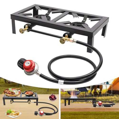 Portable Camping Stove, ERnonde Double Camp Stoves Cast Iron Double Burner Outdoor Camp Stove Propane Gas LPG BBQ Cooker with Regulator Hose for Outdoor Camping, Picnics, Hiking, Barbecues