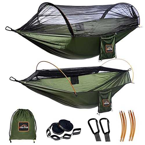 AnorTrek Professional Camping Hammock with Mosquito Net, Lightweight Portable Double Hammock with Two 10 FT Hammock Tree Straps, 230T Nylon Hammock for Camping Hiking Garden Backpacking (Green)