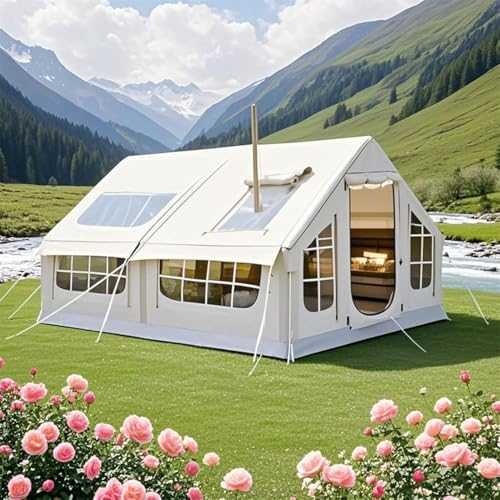 Inflatable Camping Tents 6-8 Person,10m² Large Blow up Tent with Stove Jack,4 Season Air Tent with Mesh Windows & Pump,Easy Setup Glamping Tents Waterproof Luxury Tents for Family