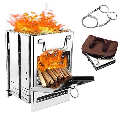 WADEO Portable Wood Stove, Stainless Steel Camping Stove with Storage Bag & Rope Saw, Folding Wood Burning Stove for Outdoor BBQ, Grill, Hiking, Backpacking, Traveling, Picnic