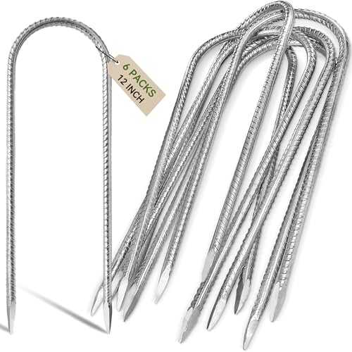 Graxury 12inch Heavy Duty Trampoline Tents Anchor Ground Pegs - Galvanized Steel Rust-Proof U Hook Rebar Stakes Fit Camp Garden Shed Swings with Chisel Point End Silver (Silver 6Pcs)