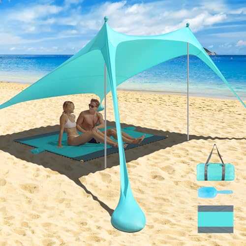 2.4x2.4M Beach Canopy Sun Shelter, Beach tent shelter, Pop Up Beach Tent UPF50+ with Awning Carpet Sand Shovel Carrying Bag, Perfect for Beach, Camping, Fishing, Backyard Fun (2Poles,Blue)