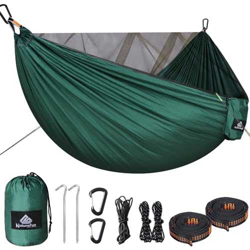 NATUREFUN Camping Hammock with Mosquito Net | 300kg Load Capacity,(290 x 140 cm) Breathable,Quick-drying Parachute Nylon | Complete Accessories | Easy to Setup Travel Hammock Outdoor Indoor Garden