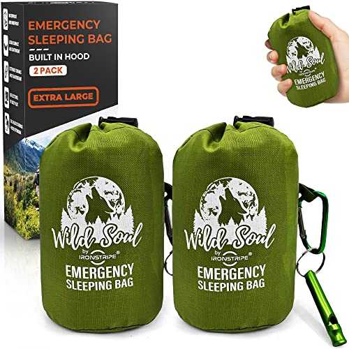 Ironstripe Bivvy Bag, Emergency Sleeping Bag, 2 Pack, Waterproof Survival Sleeping Bag, Outdoor XL, Emergency Whistle, Integrated Hood & Thermal Mylar - Tear- & Puncture Resistant Emergency Bivouac
