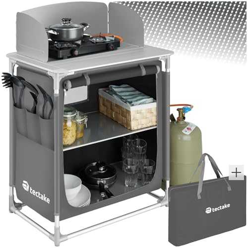 TecTake® Portable Camping Kitchen - 2 Shelves, 3 External Pockets, Heat-Resistant Worktop, & Zipped Door - Cupboard & Outdoor Storage Cabinet - Compact, Lightweight & Includes Carry Bag - Grey