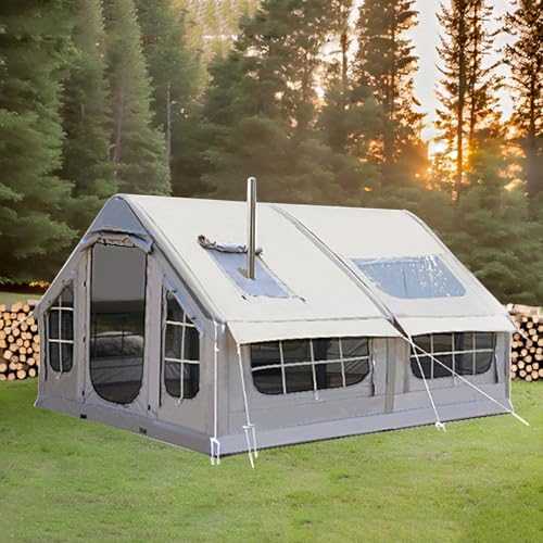 Inflatable Tent with Pump, 6-8 Person Blow Up Tent with Stove Jack, 4 Season Large Cabin Tents, Outdoor Family Camping Tents with Mesh Windows & Doors