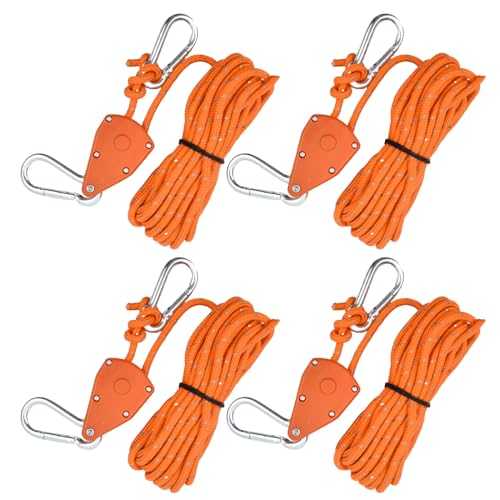 4pcs Reflective Tent Guy Ropes, 4mm Tent Camping Cord with Pulley, Heavy Duty Guide Rope with Aluminum Adjuster, Tent Guy Ropes Lines for Awning Outdoor Camping Gazebo Hiking Picnics (Orange)