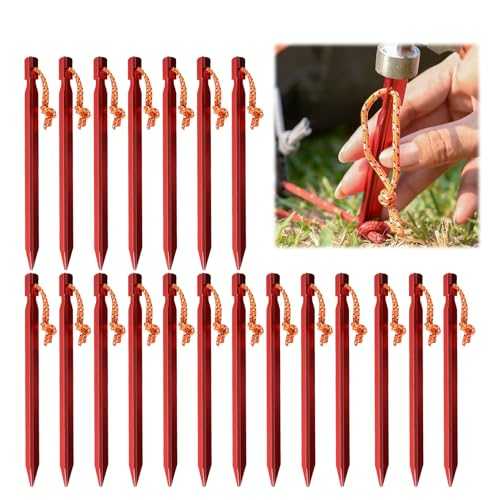 Aluminium Tent Pegs Heavy Duty, 20 Pack Red Camping Ground Pegs with Reflective Ropes and Carry Bag, 18cm Metal Tent Stakes, for Beach Hiking Tarps Hammock Outdoor Use