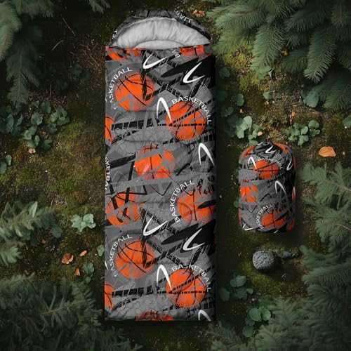 Axolotl Basketball Sleeping Bag Sports Themed Waterproof Lightweight Sleeping Bag for Boys Adults Teens,3 Season Warm and Cool Weather Black Orange Sleeping Bag for Travelling Outdoors Camping