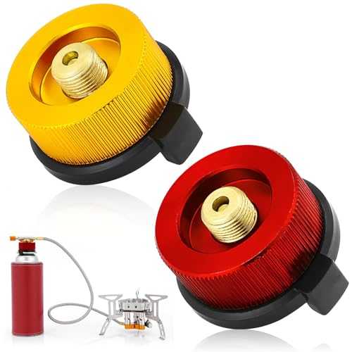 Gas Refill Adapter, 2 Pcs Nozzle Bottle Convert Adapter for Camping Hiking, Reusable Stove Connector for Butane Canister to Screw Gas Cartridge (Yellow & Red)