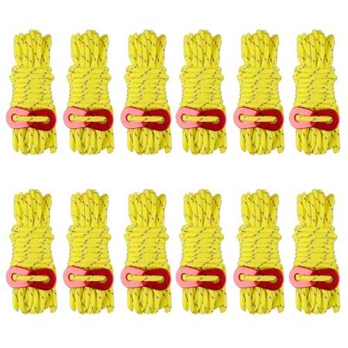 TRIWONDER Reflective Guy Ropes with Tensioners 4mm Guide Ropes 4m Tent Guy Line Cord Tent Paracord Nylon Camping Rope for Tent Tarp (Yellow - 12 Pcs)