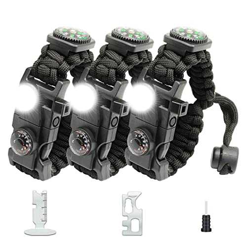 NVioAsport 21 in 1 Survival Paracord Bracelet Adjustable Gear Kit with SOS LED Light, Fire Starter, Bigger Compass, Survival Whistle, Perfect for Camping, Hiking, Fishing (Black 3Pcs)